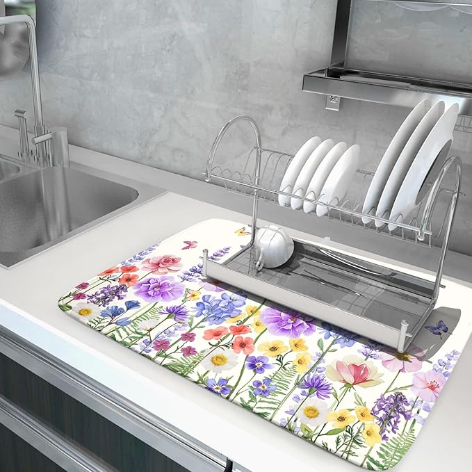 Giwawa Hummingbird Flower Dish Drying Mat 18x24 inch Watercolor Spring Herb - Image 5
