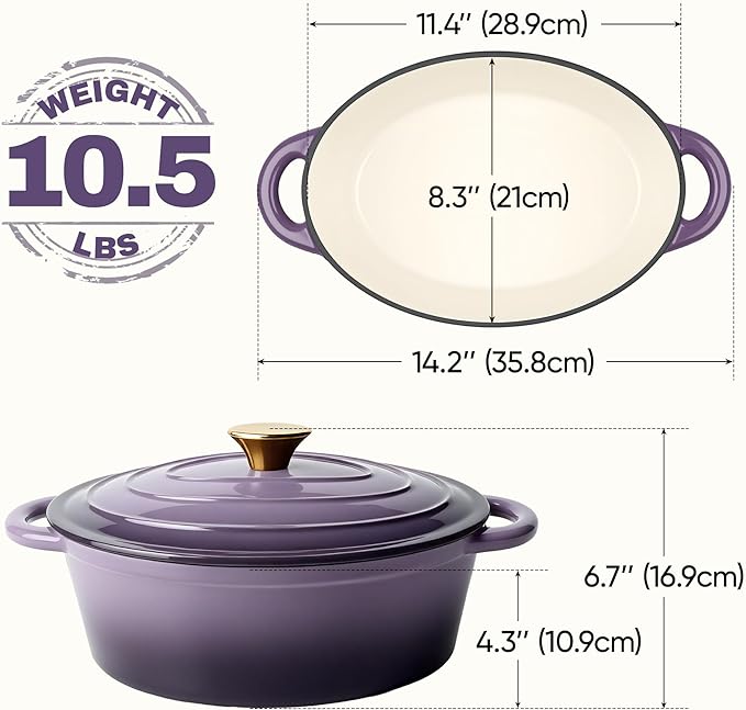 Oval Dutch Oven for Bread Baking, 4.5 Quart Non Stick Enameled Cast Iron Dutch