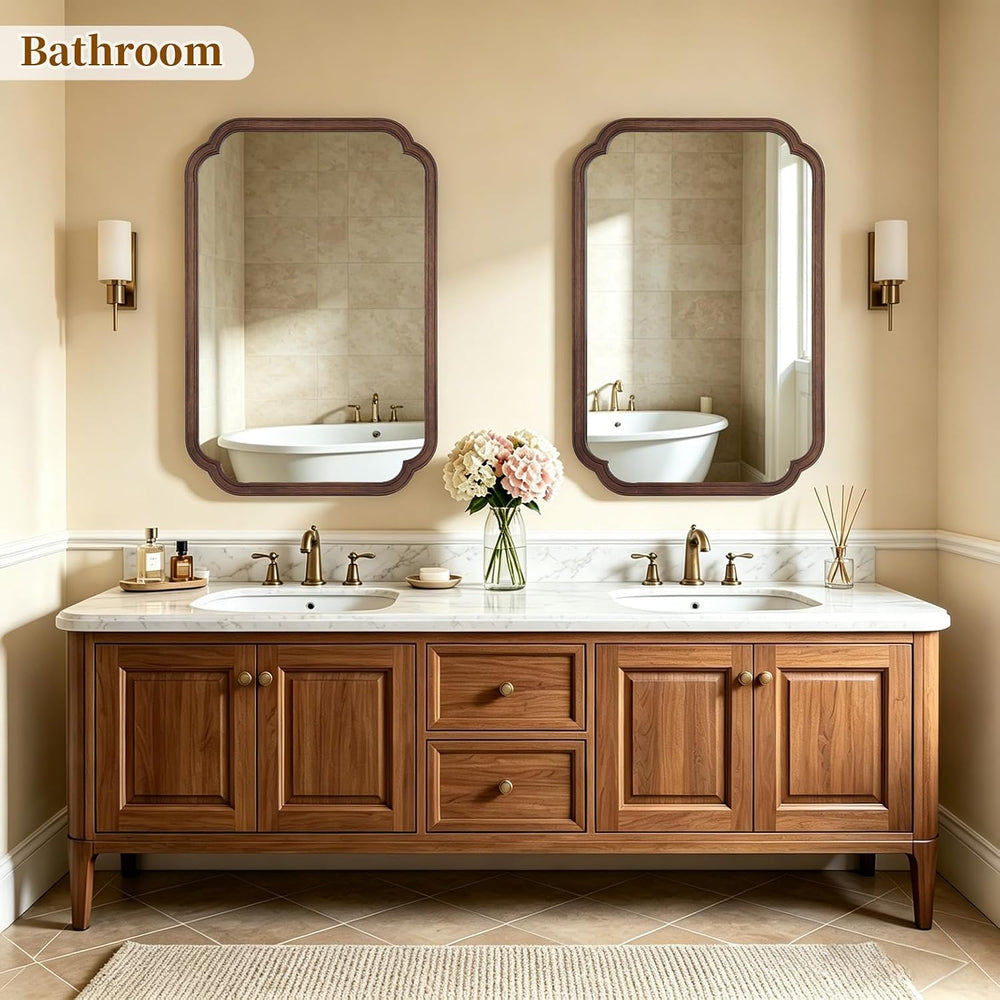 Wood Bathroom Mirror for Wall Decor Arched Rounded Corner Rustic Wood Frame W...