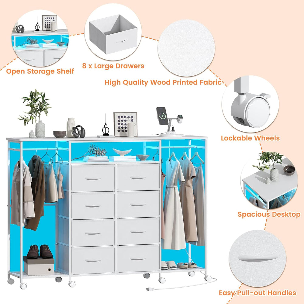 59.1" W Dresser for Bedroom with Hanging Rack, 8 Drawer Dresser with LED...