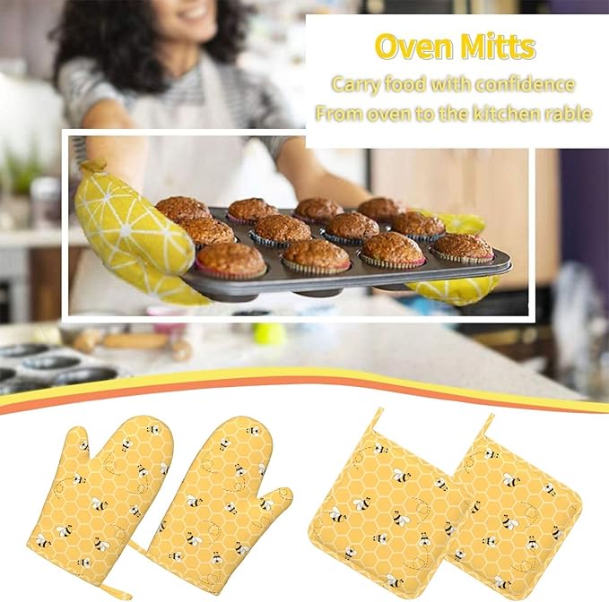 Yellow Honey Honeycomb Cute Bee Oven Mitts And Pot Holders Set Of 4 Silicone - Image 7