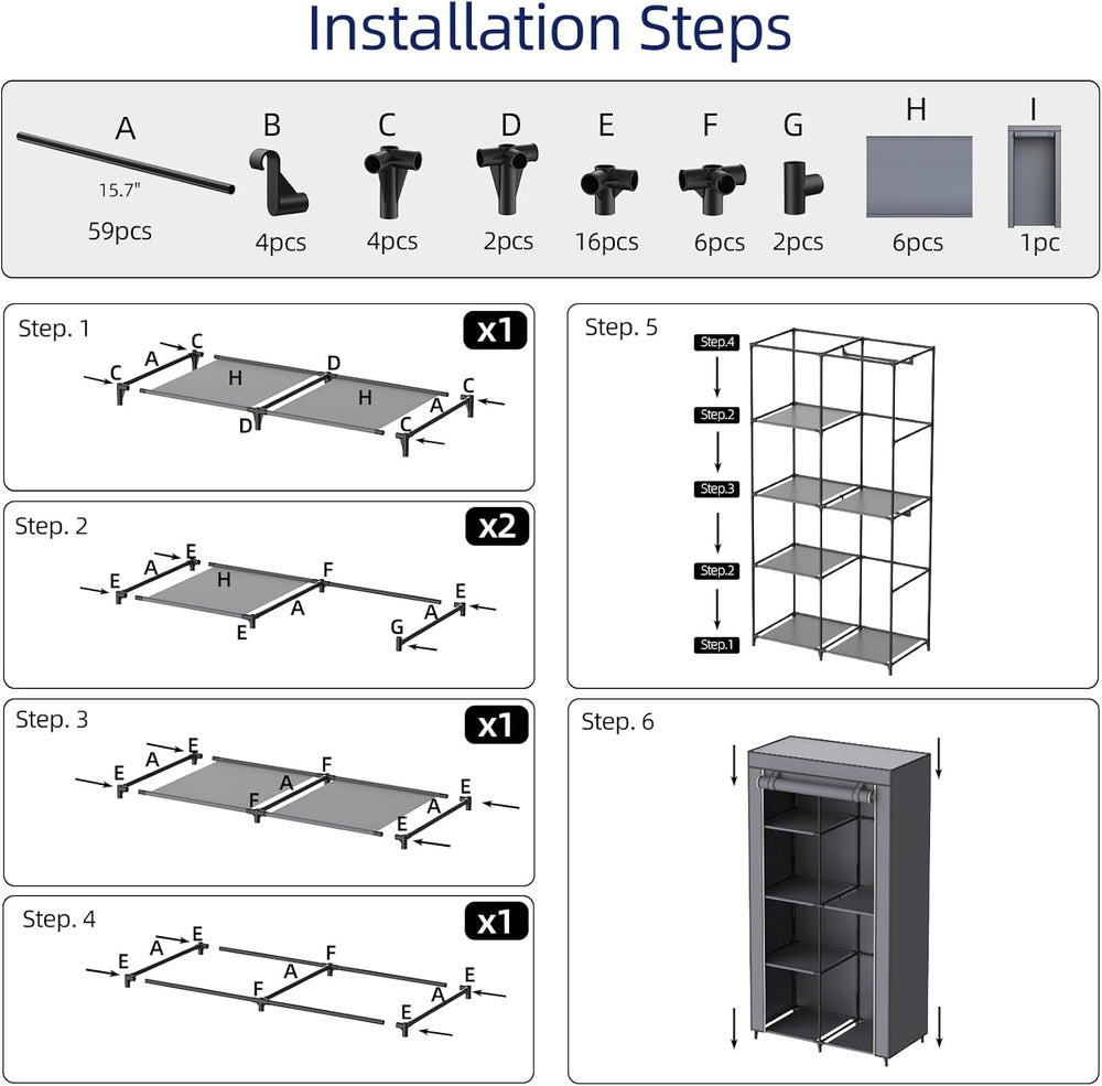 Gray Cover Portable Closet with 6 Shelves & 2 Hanging Rods