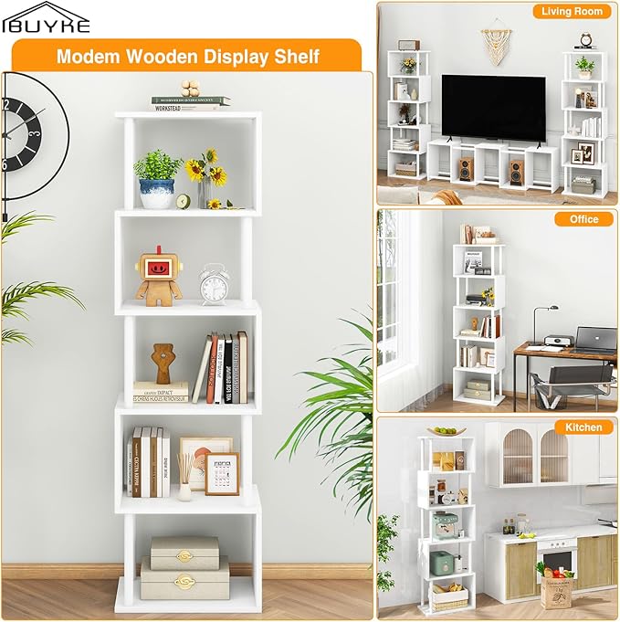 IBUYKE 6-Tier Tall Bookshelf,S-Shaped Geometric Bookcase, Wood Display Shelve...