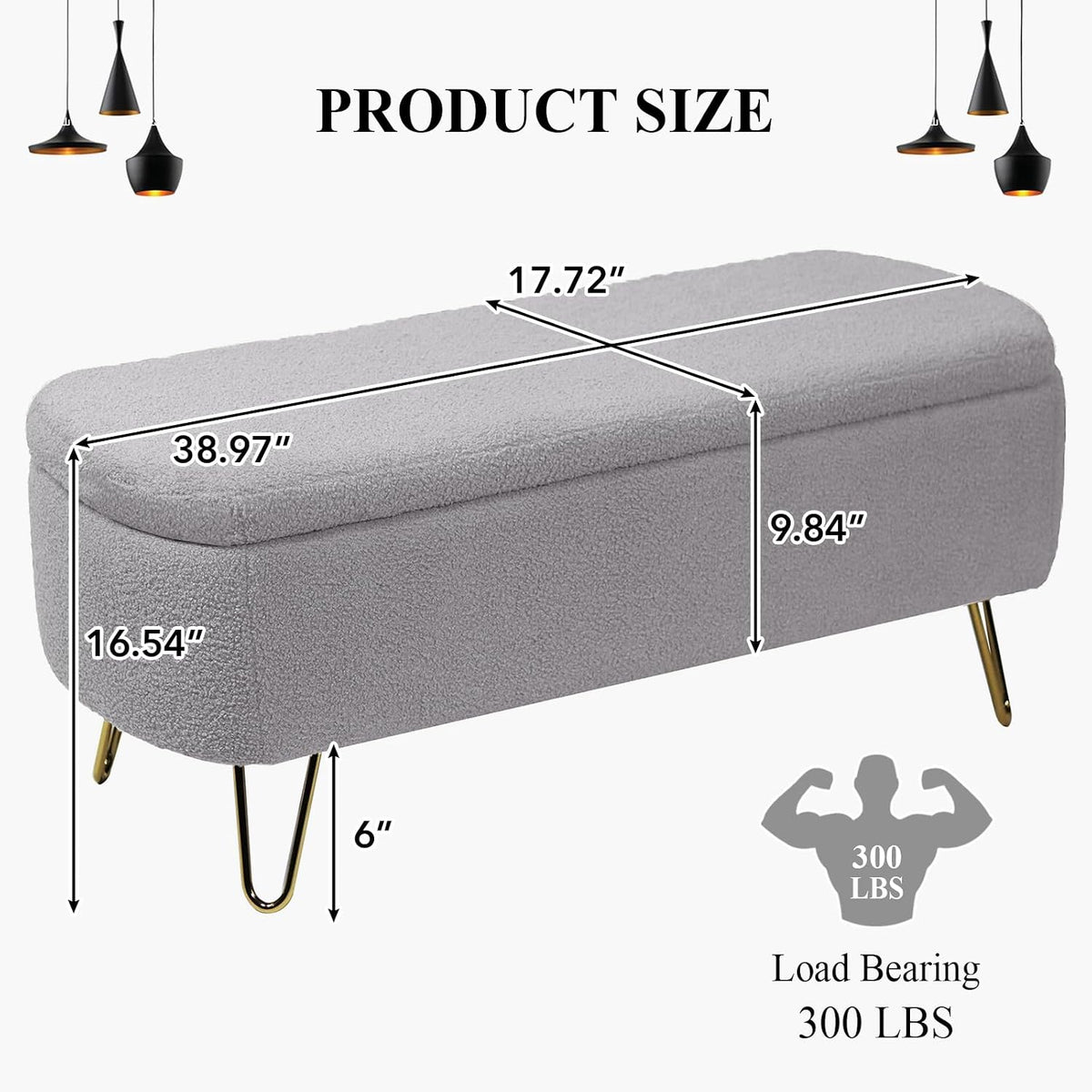 Modern Storage Ottoman Bench, Teddy Upholstered Entryway Bench with Gold Legs, Vintage End of Bed Bench with Safety Hinge, Padded Bench with Storage for Living Room, Bedroom, Entryway(Grey)
