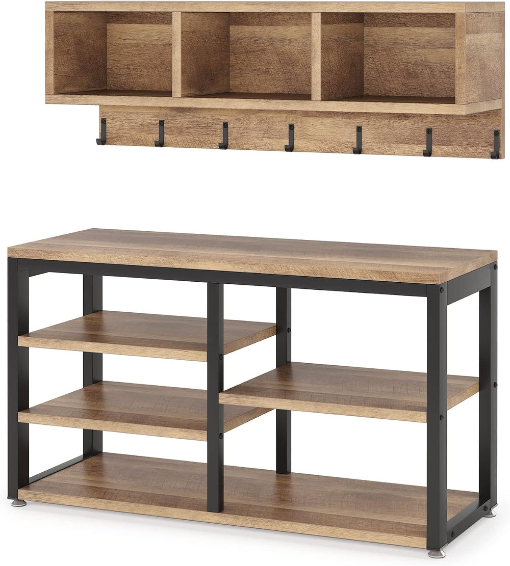 Tribesigns Coat Rack Set, Hall Tree, Industrial Shoe Bench, 3 Storage Cubbies...