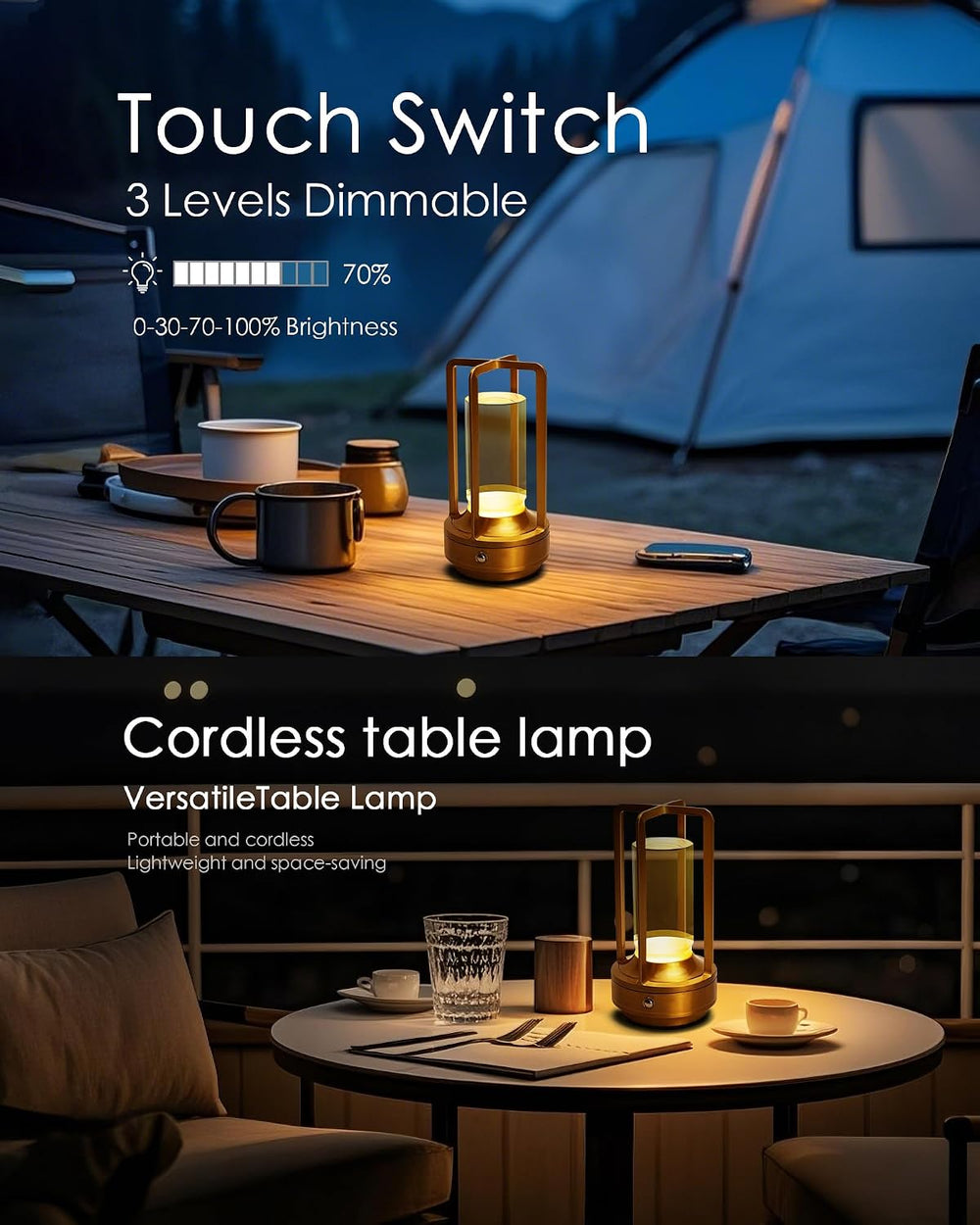 Set of 2 Cordless Table Lamps Rechargeable LED Desk Lamps Gold