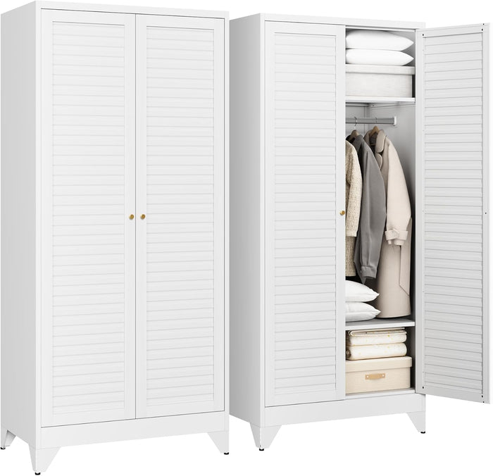 Armoire Wardrobe Closet,20" Deep Metal Wardrobe Cabinet with Doors and Shelves,Hanging Rod Clothing Storage Cabinets for Home Room (White)