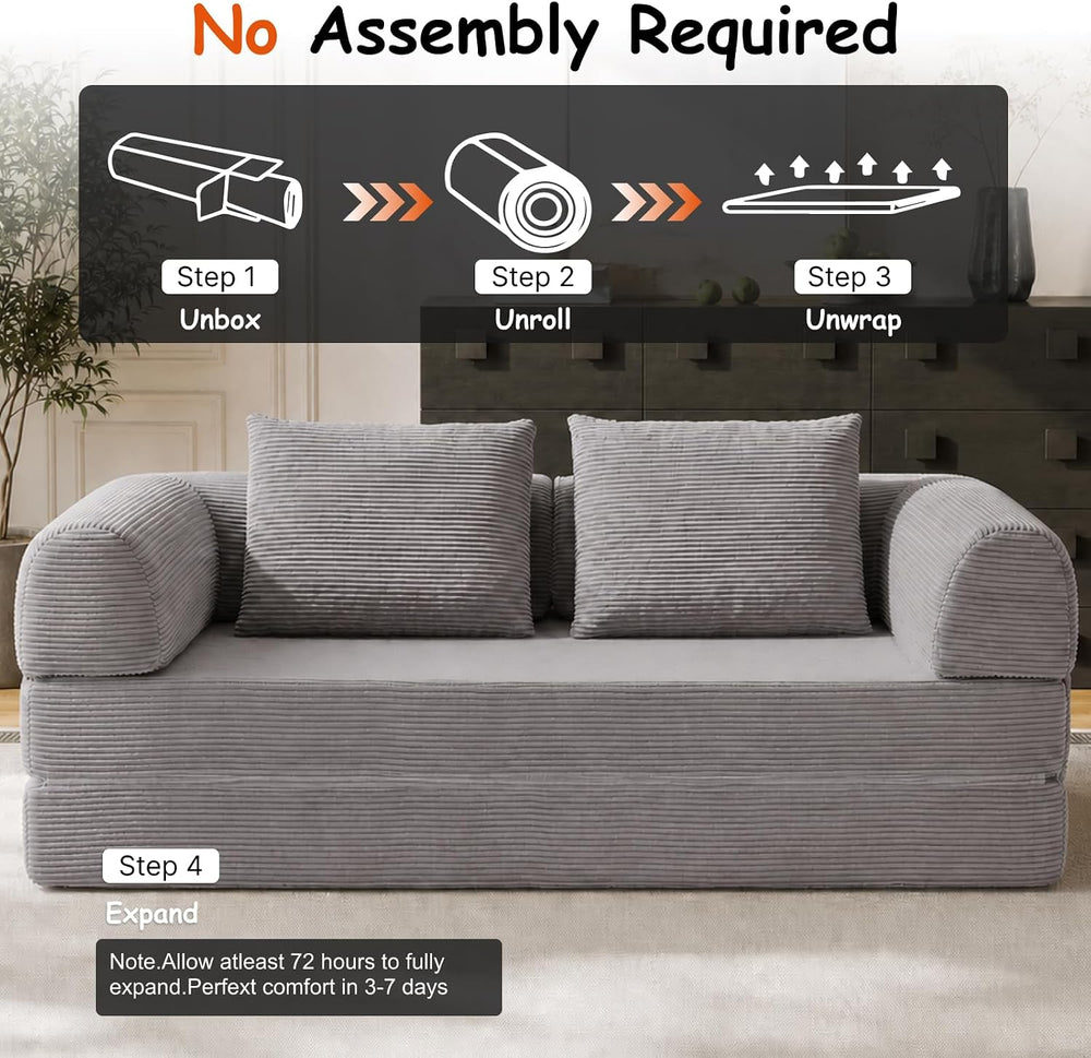 78" Convertible Sofa Bed, Corduroy Pull Out Couch with Fixed Frame &...