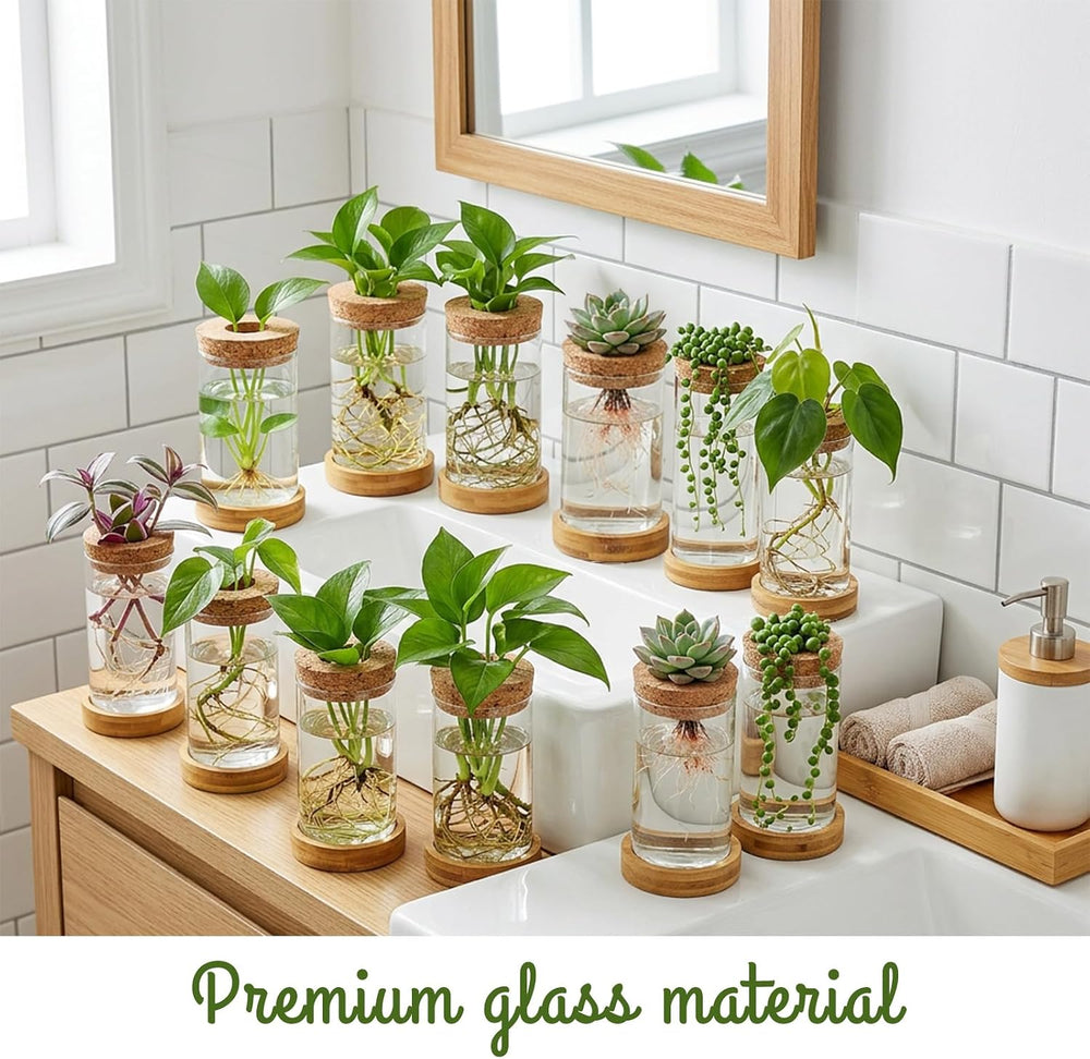16 Pcs Propagation Vases with Bamboo Stand and Hole Lid, Glass Plant Propagat...