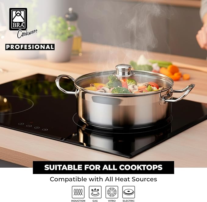 BRA COOKWARE Profesional 18/10 Stainless Steel Stock Pot w/Glass Lid | 9.5 Inch - Image 5