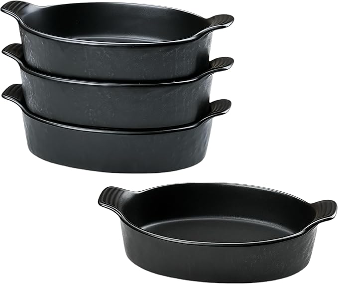 Oval Au Gratin Baking Dishes Set of 4 9" x 5" 19 oz matte black Ceramic Oven by Unknown