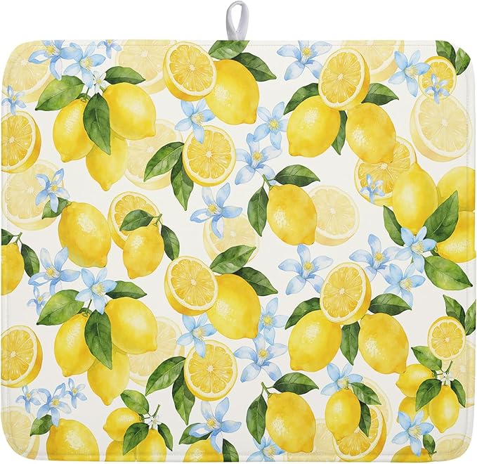 Kawani Lemon Dish Drying Mat 16x18 Inch Absorbent Reversible Spring Summer by Kawani