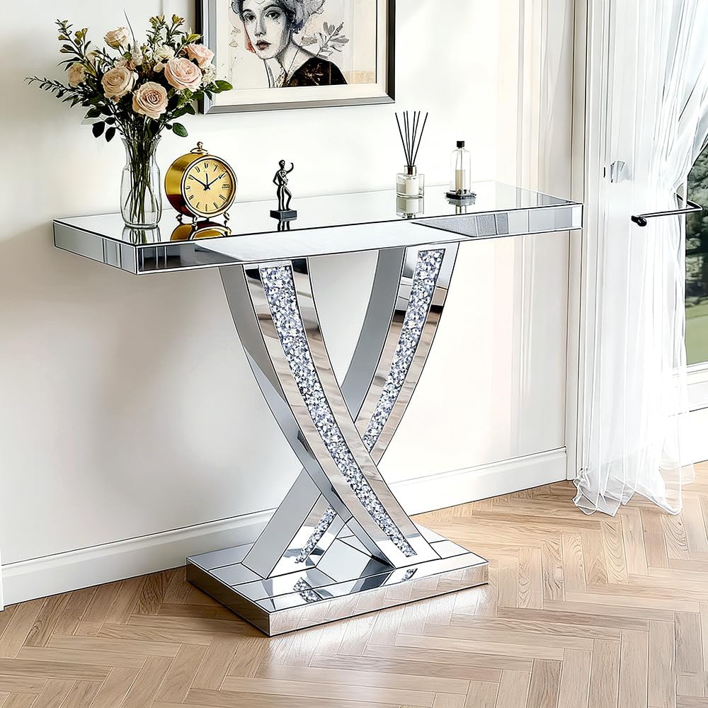 Silver Mirrored Console Table with Crushed Diamond Inlay, 39.4'' Long...