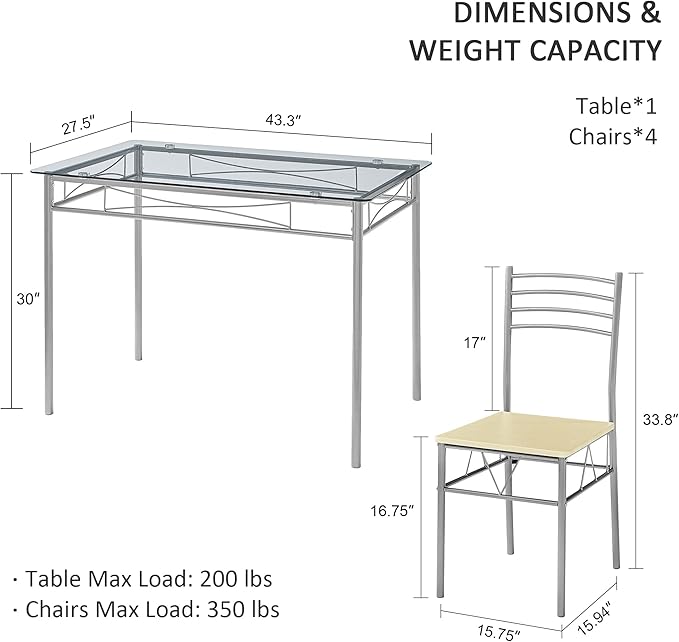 VECELO Kitchen Dining Room Table and Chairs 4, 5-Piece Dinette Sets, Space Sa...