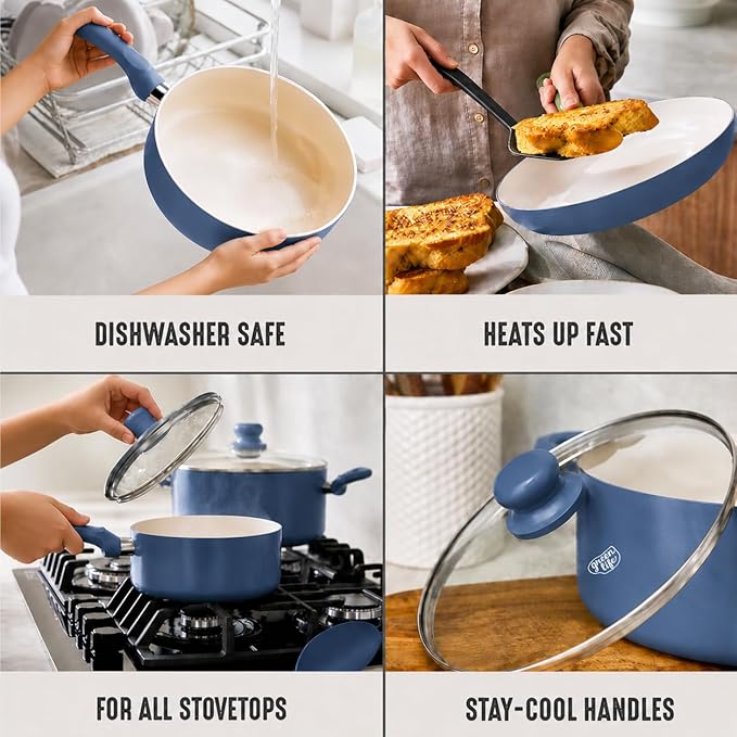 GreenLife 16-Piece Nonstick Cookware Set, Non-Toxic Ceramic Pots and Pans Set