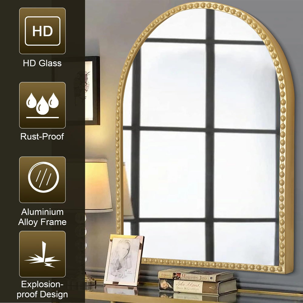 Large Gold Arch Mirror for Bathroom, Metal Beaded Frame 36"x24" Arc...