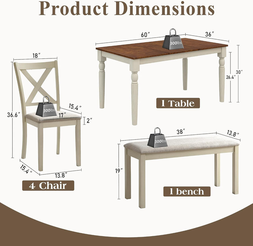 LUXOAK 6 Piece Solid Wood Dining Table Set with 60" Farmhouse Table