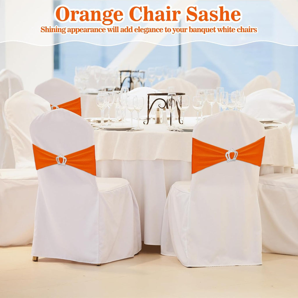 50 Pcs Stretch Chair Sashes with Crown Chair Sashes with Buckle Slider Wedding Elastic Cover for Party Bridal Baby Shower Ceremony Reception Banquet(Orange)