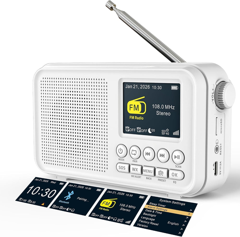Portable FM Radio with Bluetooth, 3000mAh Rechargeable, NOAA Weather Alert