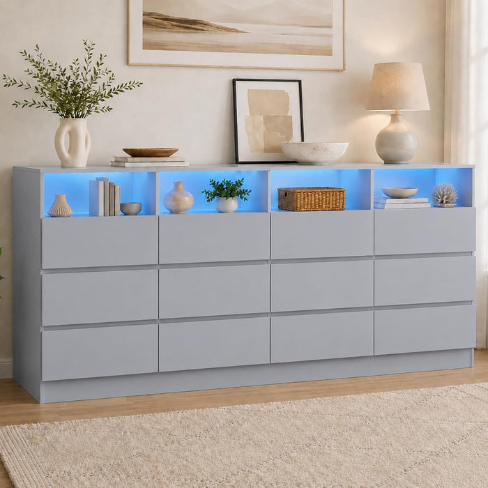 63" 6-Drawer Dresser with Divided Compartments, Power Outlet & LED Lights