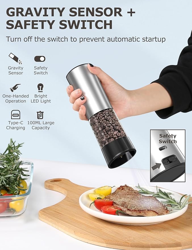 innhom Gravity Electric Salt and Pepper Grinder Set Stainless Steel Salt - Image 3