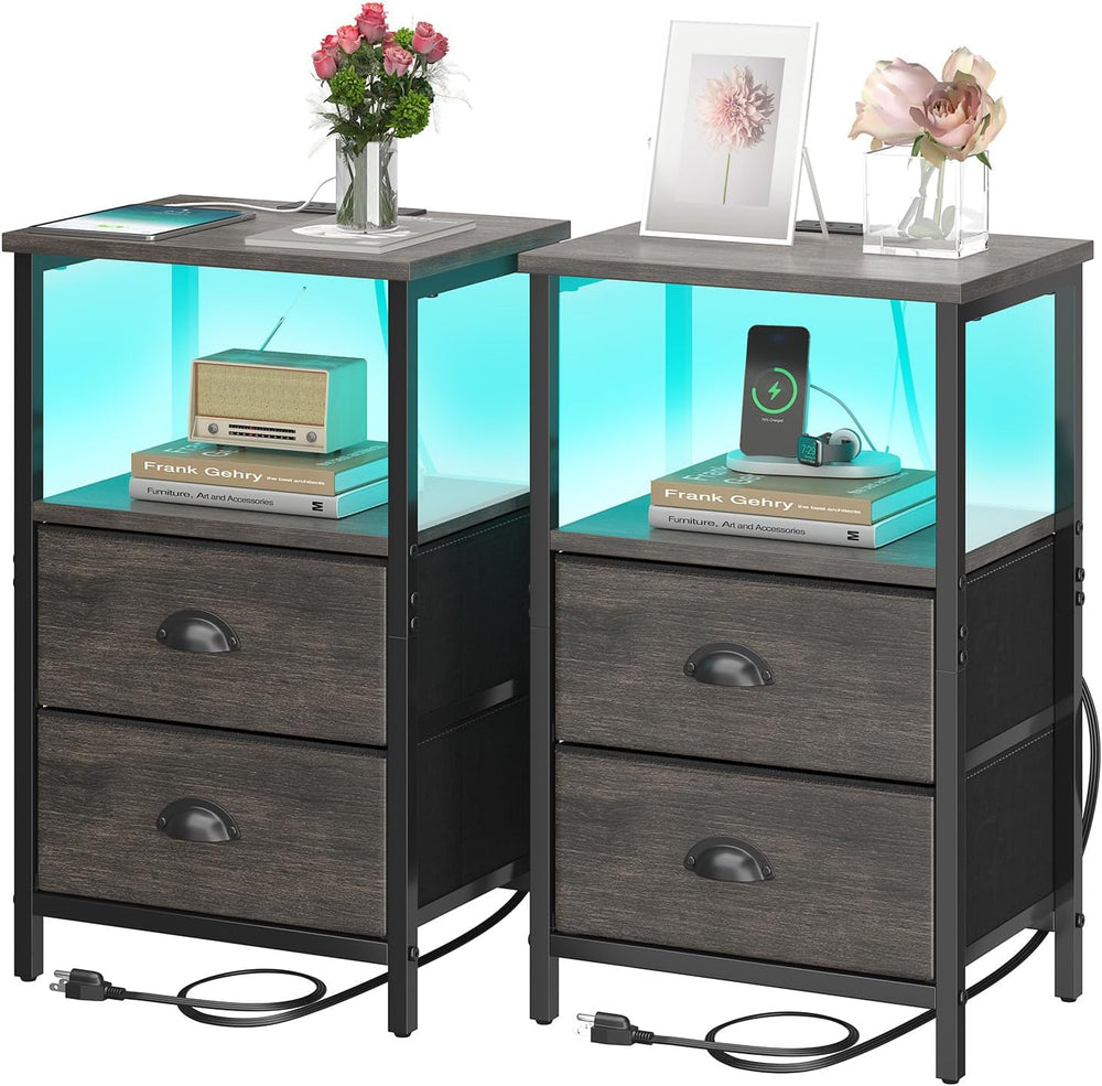sthmec Nightstand with Charging Station, LED Night Stand Set of 2, Bedside Ta...