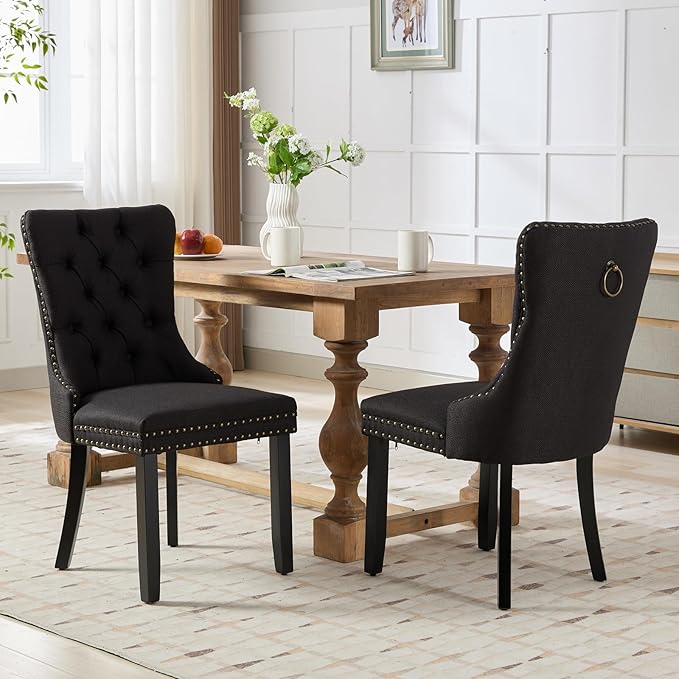 Black Dining Chairs Set of 2, Upholstered Tufted Linen Fabric Dining Room Cha...