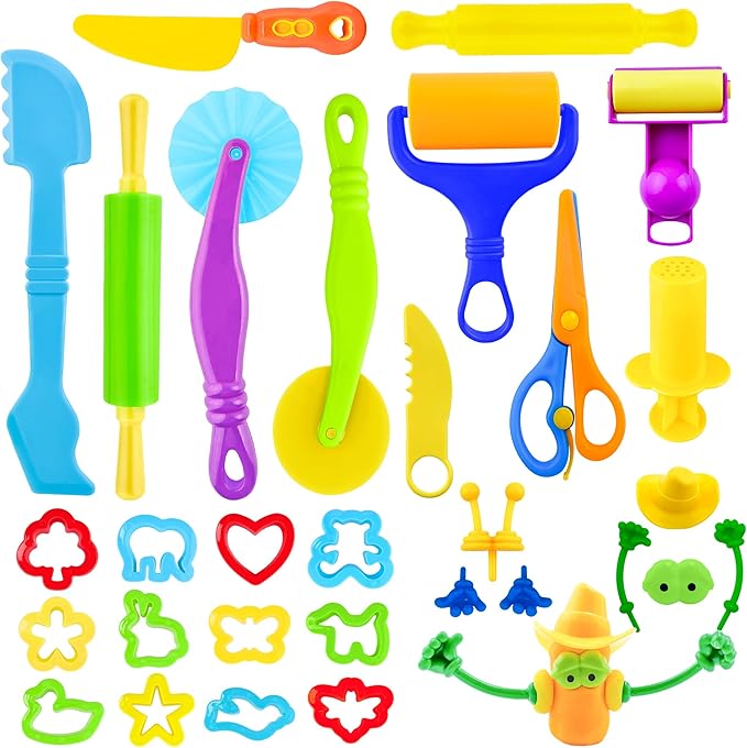 Dough Tools Play Set for Kids, Rolling Pins, Safety Scissors, Plastic Knife by iShyan