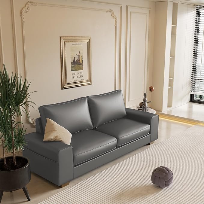 Faux Leather Couch, Mid Century Modern Comfy Loveseat Sofa with Wide Arm, Side Pockets, Solid Wooden Frame for Office, Living Room and Bedroom, 2 Seater (Gery, 71.25 Inches)