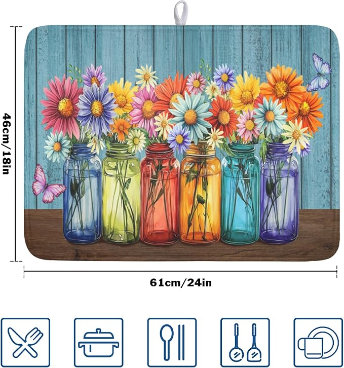 Vintage Floral Dish Drying Mat for Kitchen Counter Rustic Flower Vases Wooden - Image 2