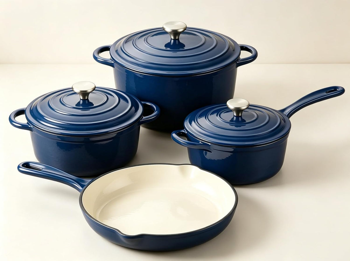 QuliMetal Enameled Cast Iron Cookware Set, 4-Piece Pots and Pans Set