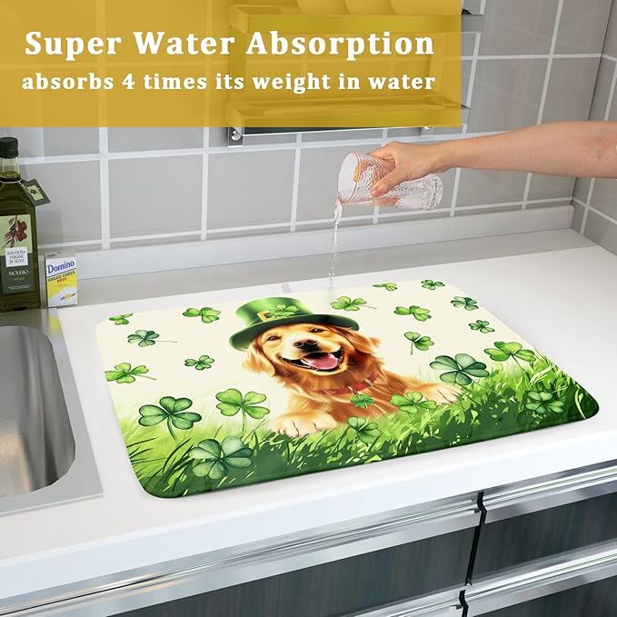 St Patrick's Day Dog Dish Drying Mat 18x24 inch Green Shamrock Dishes Pad - Image 7