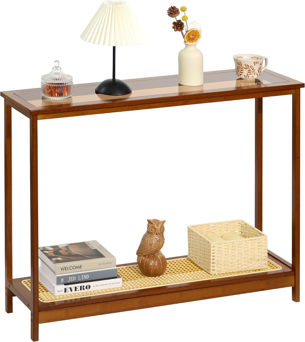 Bamboo Narrow Console Table, 39.4"(L) Wood Small Entryway Table with Rat...
