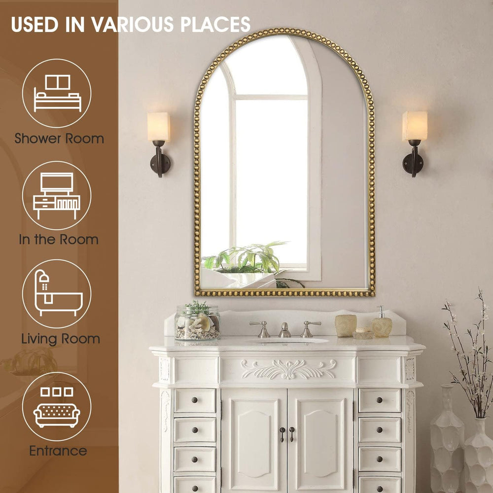 Arched Wall Mirror for Bathroom - 24"x36" Metal Beaded Frame Decora...