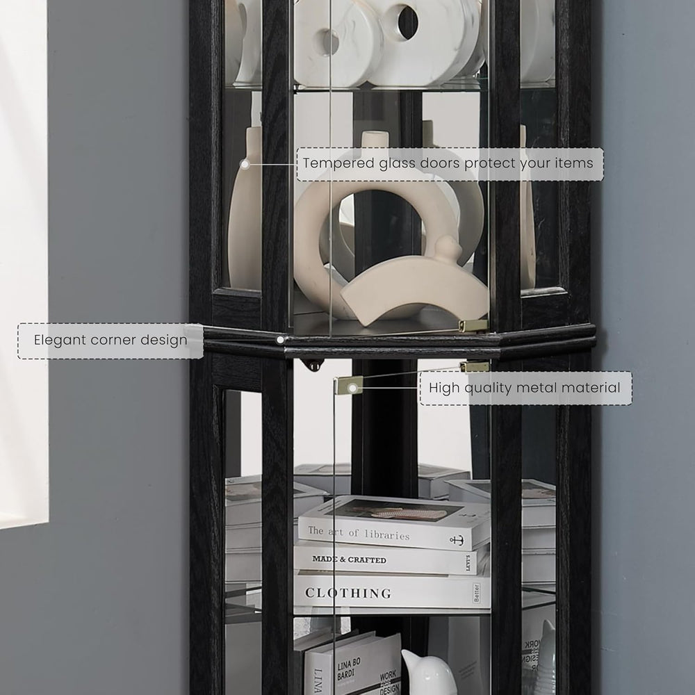 70" Lighted Corner Curio Cabinet, Curved Wood China Display Case with Te...