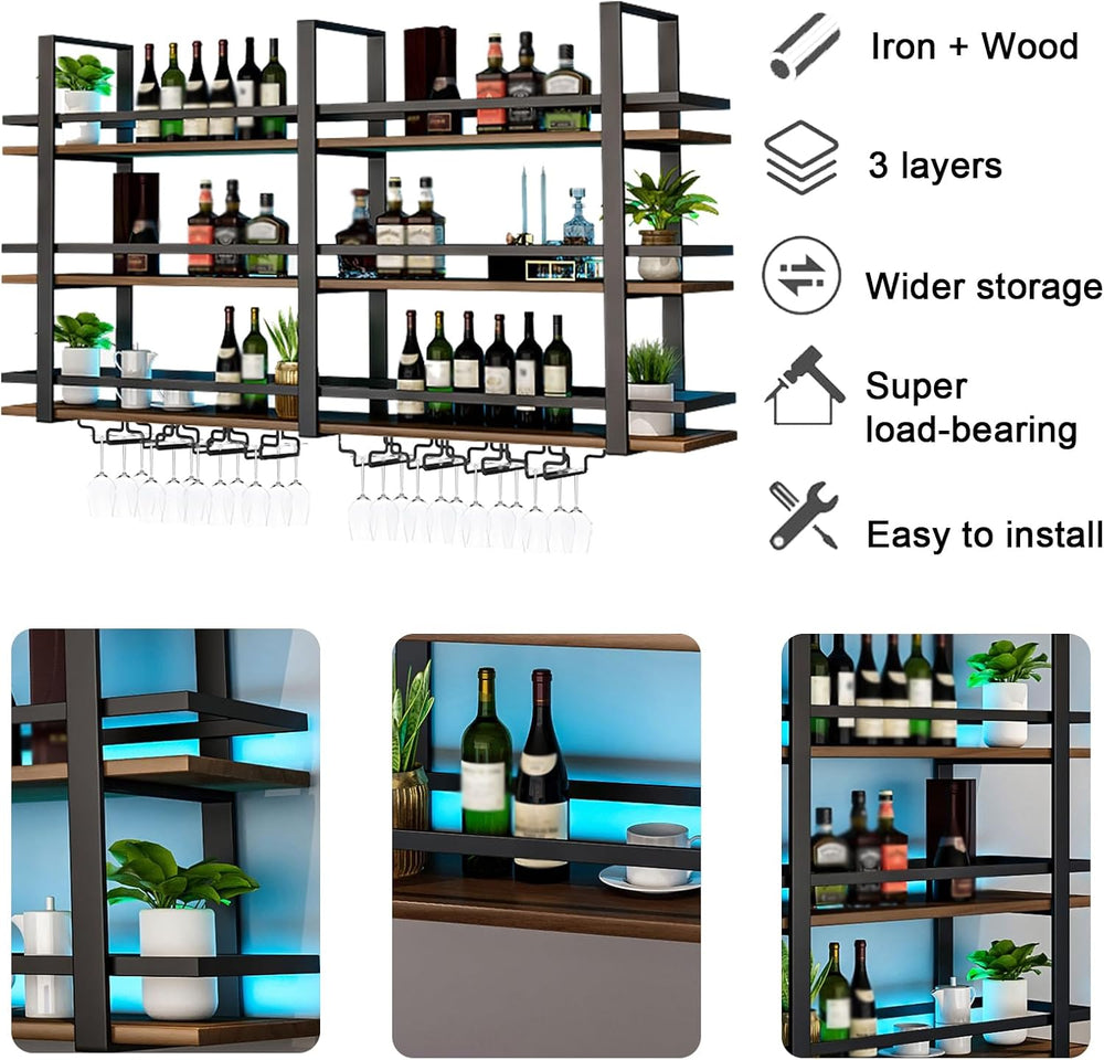 Wall Mounted Wine Rack with LED Light, Metal Liquor Bottles Display Shelf, Fl...