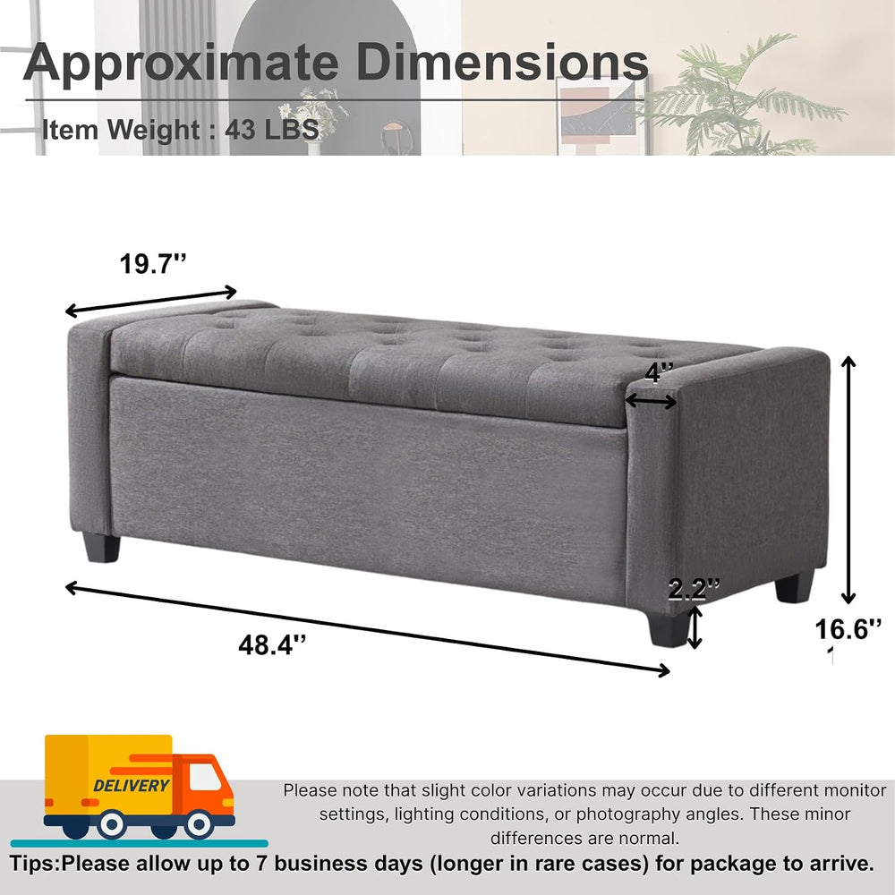 Storage Bench for Bedroom, 48.4'' End of Bed Grey Ottoman Lined Fabri...