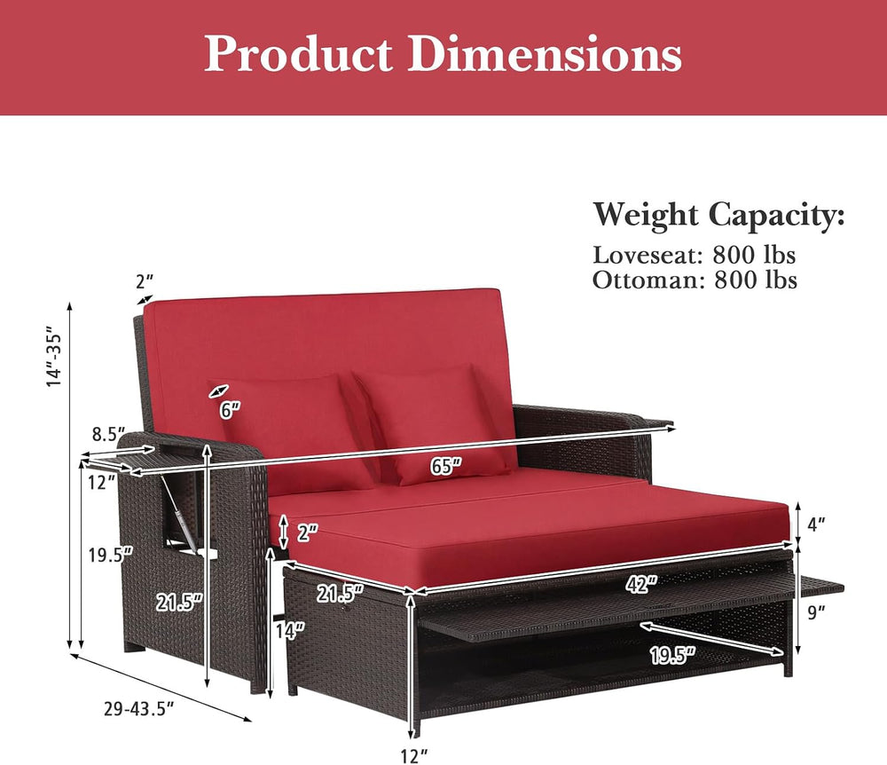 Tangkula Patio Rattan Daybed with 4-Level Adjustable Backrest, Red Cushion
