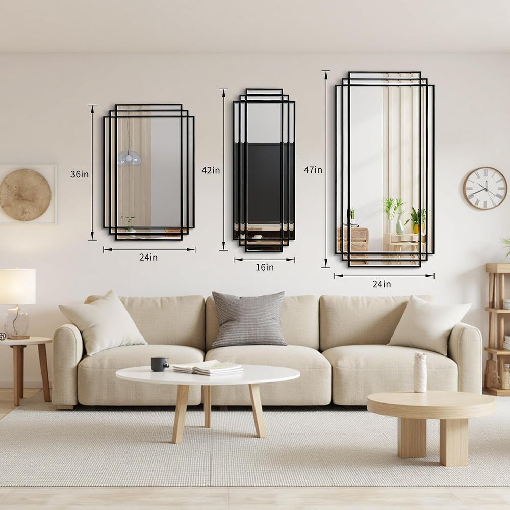42"x16" Geometric Decorative Beveled Mirror with Black Wood Frame