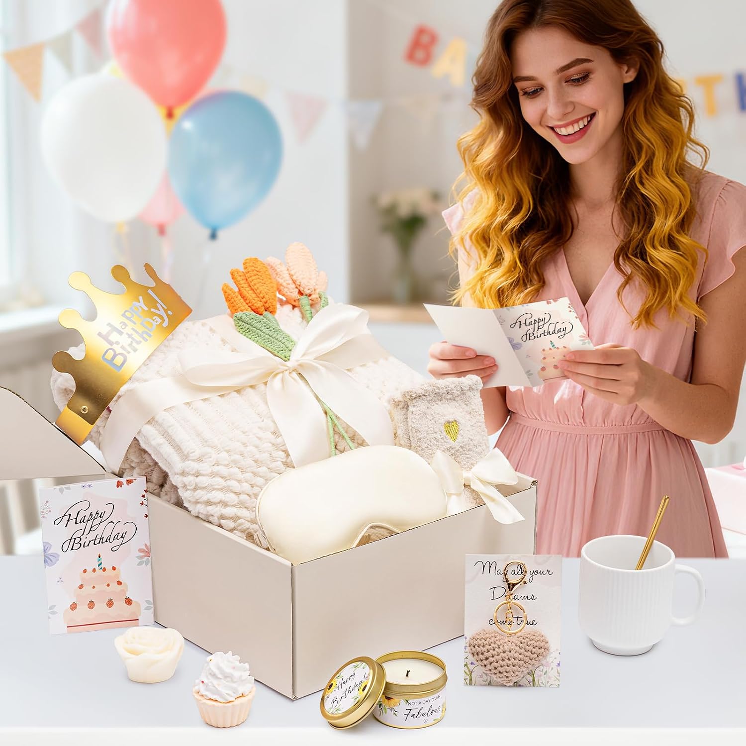 Birthday Gifts for Women - 13PCS Unique Happy Birthday Easter Gifts Basket for Mom Her Best Friend Sister Wife Girlfriend Coworker - Relaxing Spa Self Care Package Mothers Day Set (Beige)