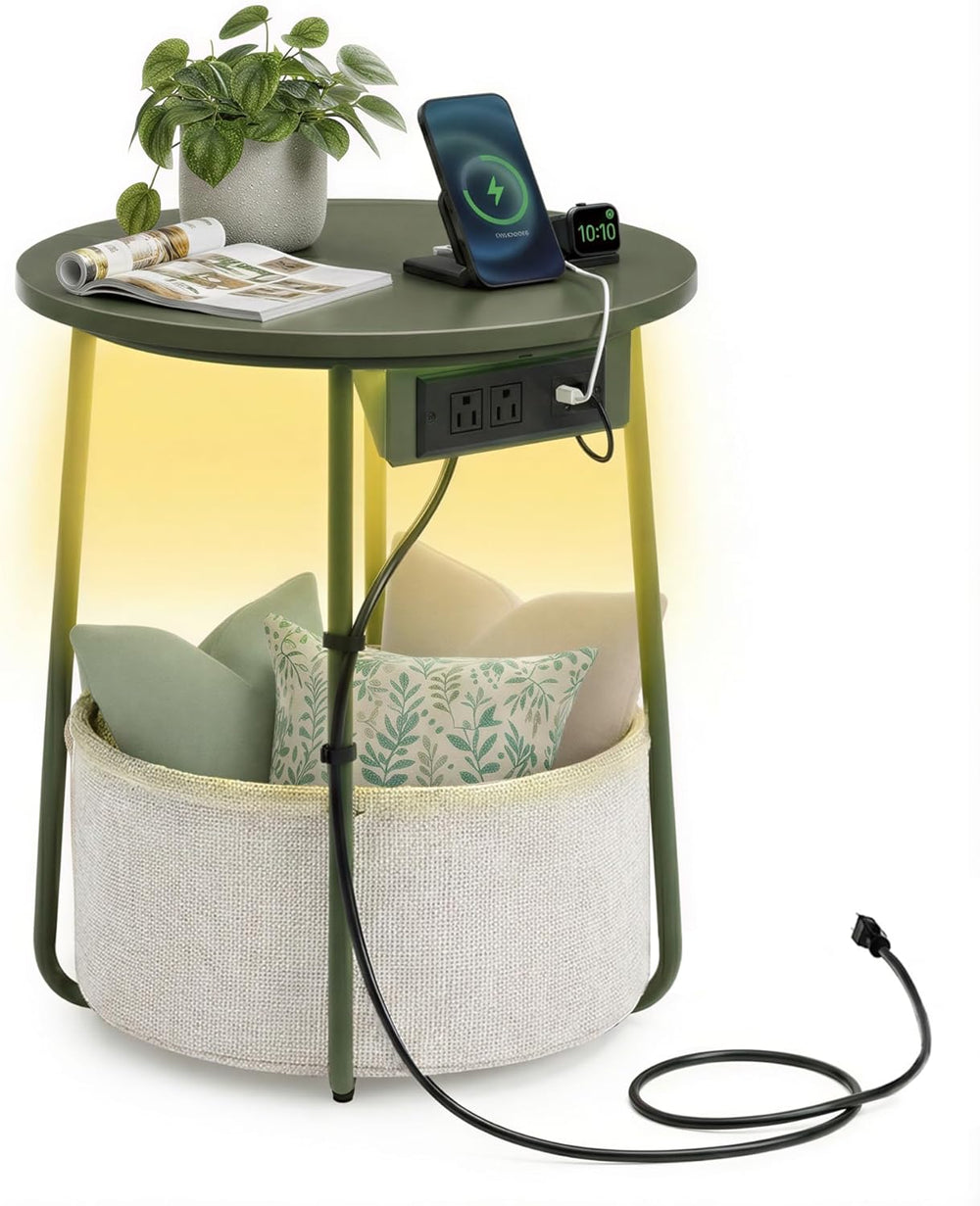 VASAGLE LILEA Collection - Side Table with Charging Station, Round End Table ...