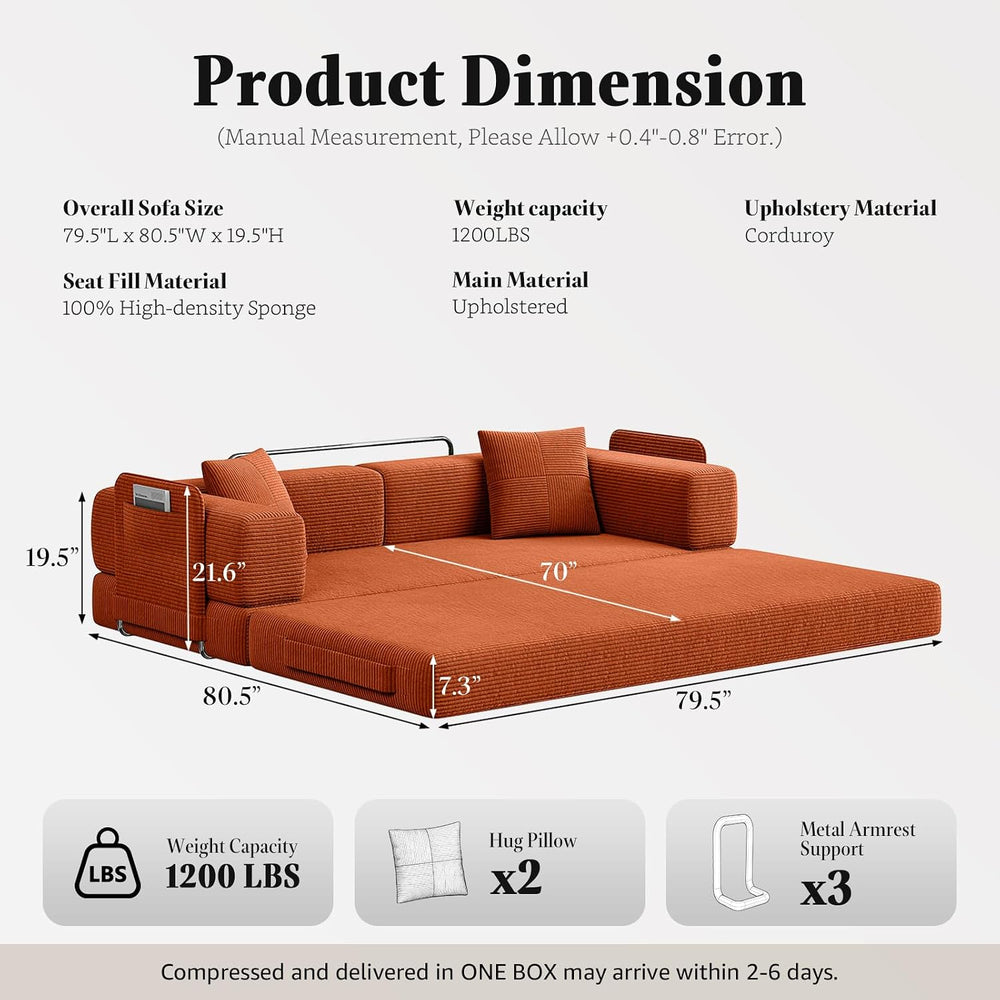 79.5" Convertible Floor Sofa Bed, 5-In-1 Corduroy Futon Couch, No Assembly