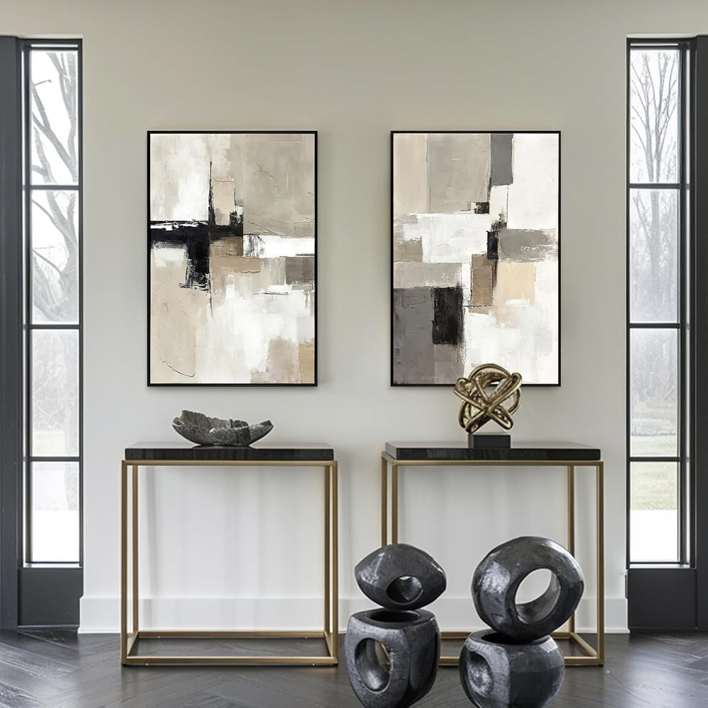 SAFERRYHOME Neutral Abstract Beige,Gray and Black Wall Art Set of 2,24"x...