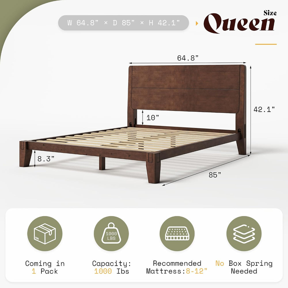 AMERLIFE Solid Wood Queen Bed Frame with Headboard, Japanese Joinery,Walnut
