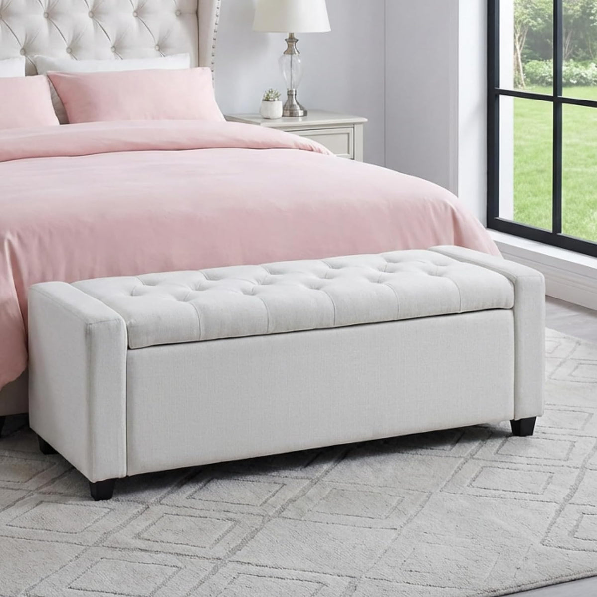 Storage Bench for Bedroom, 48.4'' End of Bed Beige Ottoman Lined Fabric Upholstered Shoe Bench for Entryway, Hallway, Bedroom, Cloakroom, Living Room, Beige.
