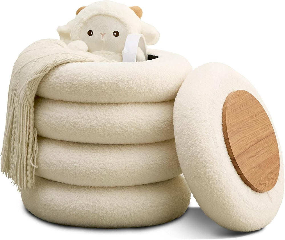Wimarsbon Round Storage Ottoman, Modern Sherpa Footstool, Teddy Vanity Stool ...