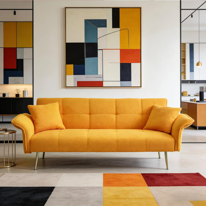 70" Futon Sofa Bed,Teddy Fleece Fabric Couch Bed (Yellow) | 3 Gear Adjustable Backrest and Armrest, Comfy Sofa for Living Room, Bedroom, Apartment