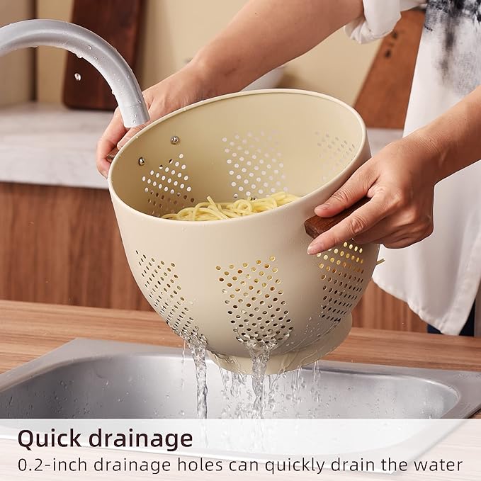 Metal Colander with Wood Handle and Stable Base, Powder Coated Steel Kitchen - Image 3