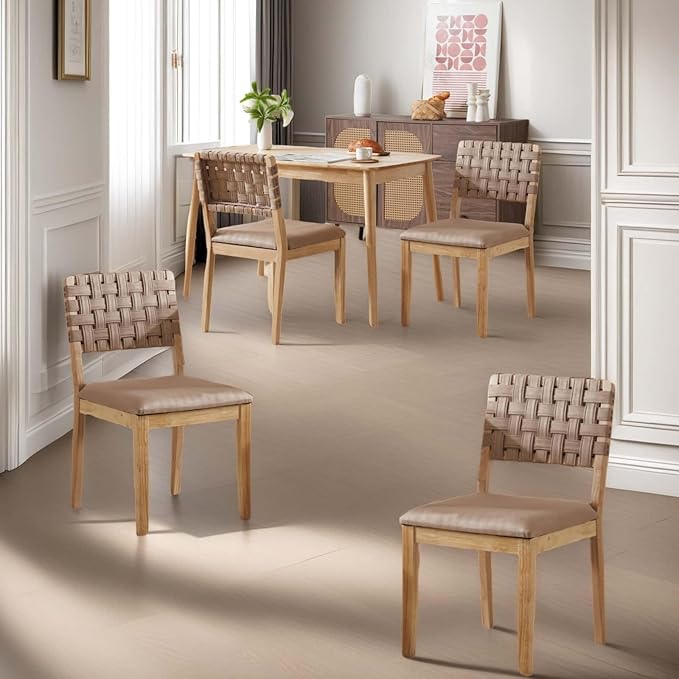 VINGLI Khaki Woven Wooden Dining Chairs Set of 4,Armless Mid Century Modern D...