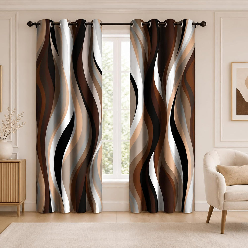 Brown Abstract Blackout Curtain, Stripe Black White Gray Aesthetic Art Window...